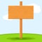 Wooden signboard in grass isolated on grass sky background. Signs board and symbols to communicate a message on street