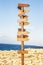 Wooden signpost on the background of the sea and blue sky on a sunny day.