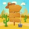 Wooden signpost in the Mexican desert with cactus, shovel and a sombrero