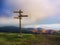 Wooden signpost on mountain