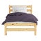 Wooden single bed with a white pillow and a lilac blanket on a white background. Front view. 3d rendering