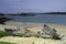 The wooden skeleton of a ship wrecked on a stony beach against a blue clouded sky with islands behind. North Scotland, Hebridies