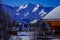 Wooden Ski Chalet In Snow. Beautiful view of French Alps full of snow winter.