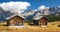 Wooden small cabin in dolomities alps mountains