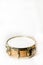 Wooden snare drum with gold rims