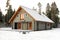 Wooden snowy lodge in forest