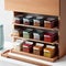 a wooden spice rack filled with containers of spices