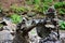 A wooden spinner lies on strange stone structures in the forest