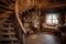 wooden spiral staircase in a cozy, rustic cabin