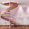 Wooden spiral staircase in minimal apartment in white and red tones. Parquet floor and spotlights, template mockup. Goals