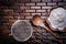 Wooden spoon bowl with flower egg whisk and sieve