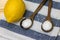 Wooden spoon with citric acid on striped tablecloth