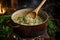 wooden spoon stirring creamy risotto in pot