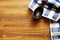 Wooden spoon on wood texture of dining table . Top view Kitchen and food concept