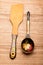 A wooden spoon and a wooden spatula. kitchen set