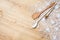 Wooden spoons on knitted lace tablecloth