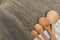 Wooden spoons with napkin on a rustic wooden table. Flat lay, top view, copy space banner