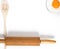 Wooden Spoons and rolling pin for baking and cooking with flower and egg yolk.  Top View on white background