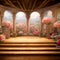 Wooden stage decorated with flowers 3d visualisation. Fantasy wedding podium digital illustration