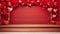 Wooden stage in front of red bright valentines background with hearts