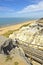 Wooden staircase at the Cliff of Asperillo in Mazagon beach in province of Huelva, Andalusia, Spain