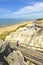 Wooden staircase from the Cliff of Asperillo in Mazagon beach in province of Huelva, Andalusia, Spain