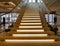 Wooden staircase with illuminated steps and glass railing