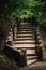 Wooden staircase in the Park with green trees in Moscow. Stairs leading up. Hiking in Neskuchny garden in Moscow. Stairs to