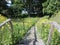 Wooden stairs in green sunny meadow, Sveaborg, Finland