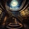 Wooden stairs in library. Interior of historical big bookshelf. Generative AI