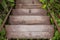 Wooden stairs or walkway go down to outdoor garden surrounded with green trees.