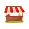 Wooden stand with organic farm food, apples and pears. Market stall with striped awning. Cartoon vector design