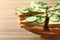 Wooden stand with traditional English cucumber sandwiches on table