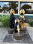 Wooden statues of bears in front of a dinner.