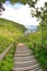 Wooden steps leading to a scenic lookout in the Galapagos