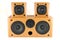 Wooden stereo speakers on white