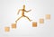 Wooden stick figure jumping from one wooden block on rising steps to the next - achievement, career or objective concept on white