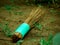 Wooden stick isolated on soil grass field, natural cleaning concept