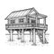 Wooden stilt house above the water sketch vector