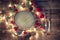 Wooden stump with happy new year decoration. Round cut down tree with annual rings as a wood texture