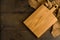 Wooden sturdy surface to prep on. Lightweight wood cutting board. Above, copy space