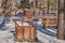 Wooden stylized garbage bins for sorting waste in a city park in Kislovodsk, Russia