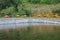 Wooden sun loungers on shore of lake