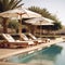 Wooden Sunbeds with Rattan Umbrellas near Swimming Pool. AI