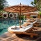 Wooden Sunbeds with Rattan Umbrellas near Swimming Pool. AI
