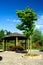 Wooden sunshade on a resort garden