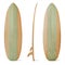 Wooden surfboard front, side and back view