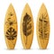 Wooden surfboards with hand drawn tropical leaves