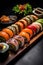 Wooden sushi board, chopsticks, soy sauce dish