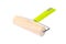 Wooden, T-shaped roller pin with green plastic handle, isolated on white. Hand roller suitable for pizza, pastry, fondant biscuit